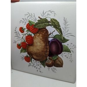 Hand Painted Fruit Pear Raspberries Tile Wall Art Trivet  Ceramic Still Life
